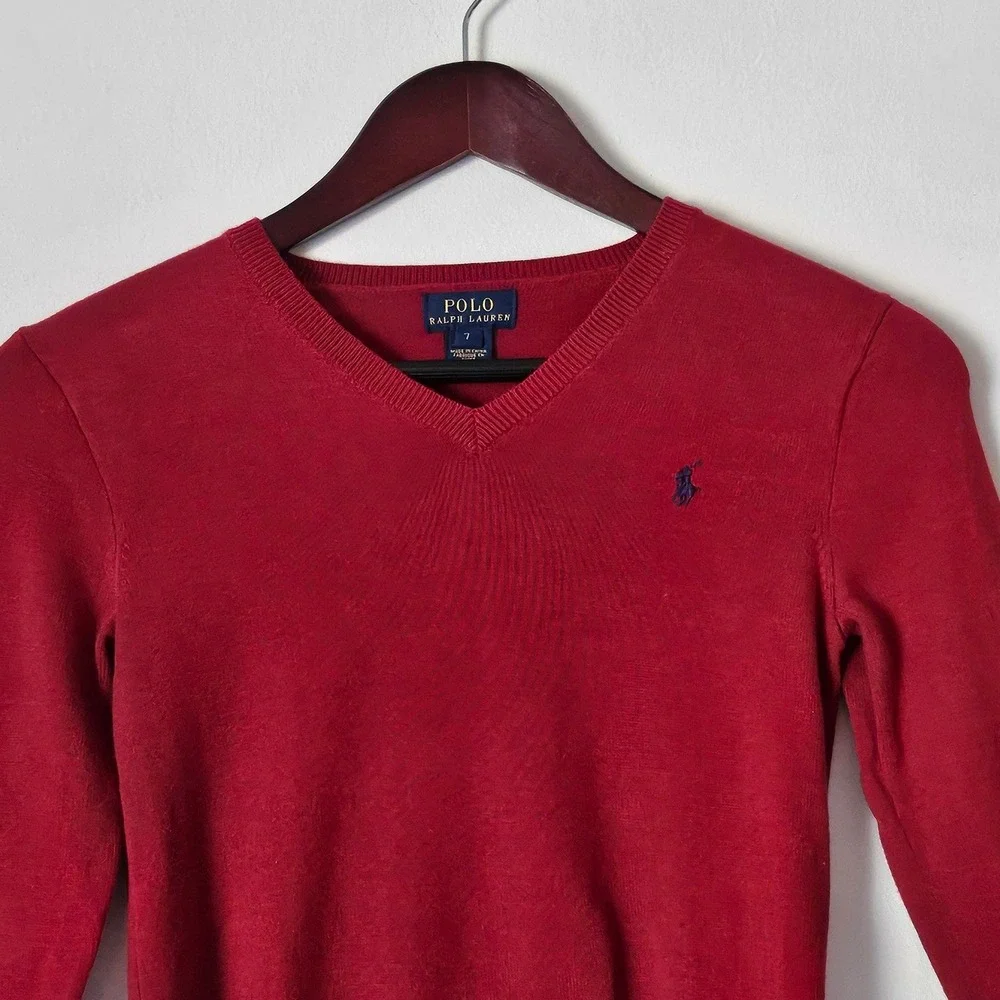 Polo Ralph Lauren Boys Red Cotton V-Neck Sweater Elbow Patches Size 7